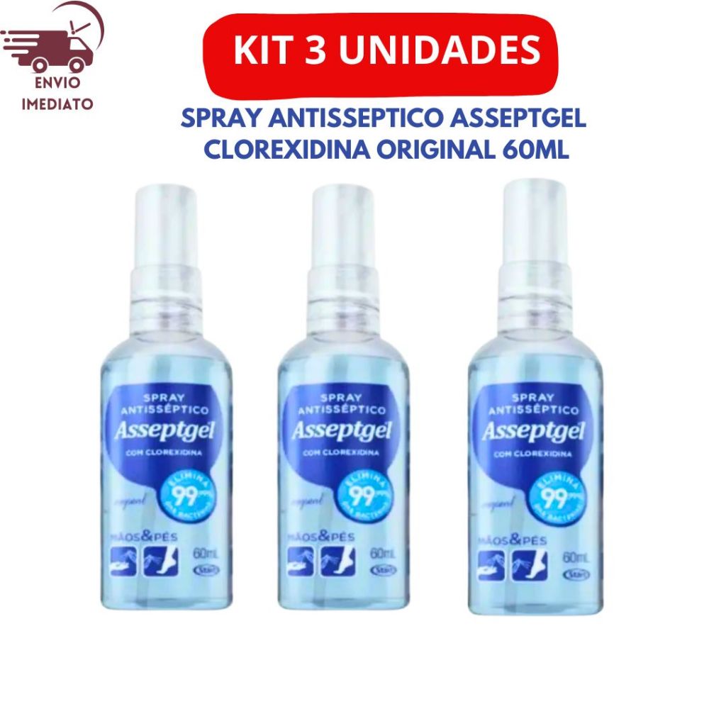 KIT 3 UNIDADES SPRAY ANTISSEPTICO ASSEPTGEL CLOREXIDINA ORIGINAL 60ML