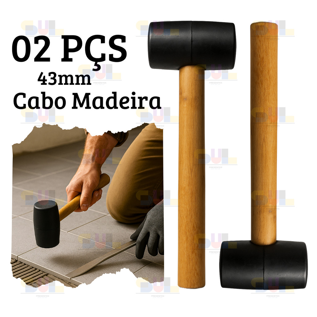 Kit 2 Marreta De Borracha 27cm PRETA  43mm Emborrachada Martelo CABO MADEIRA RESISTENTE