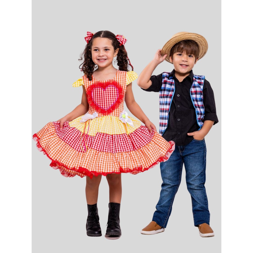 Casal Junino Infantil Colete Xadrez Menino + Vestido Rodado Menina Colorido Coração São João