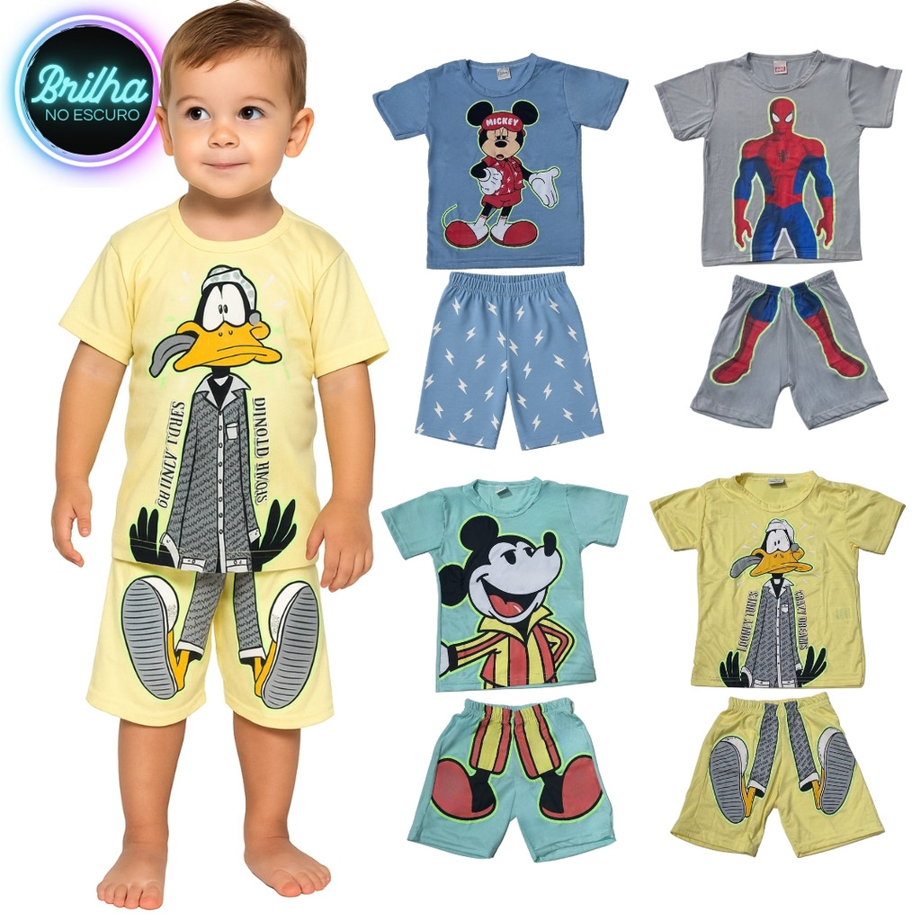 Conjunto Pijama Brilha no Escuro Personagens Menino Infantil Mickey Homem Aranha Malha Levinha