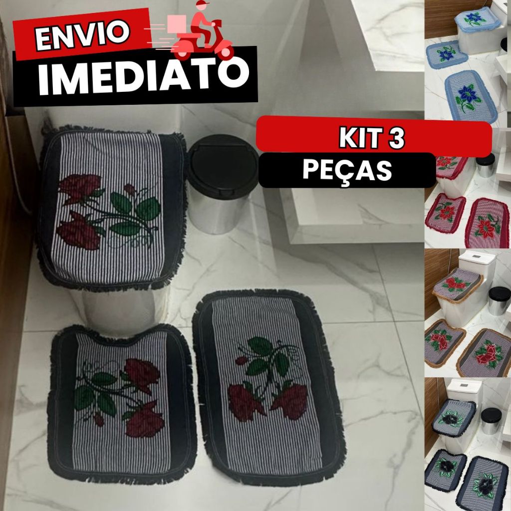 Kit 3 Peças Tapete para Banheiro De algodão Decoração Artesanal Premium