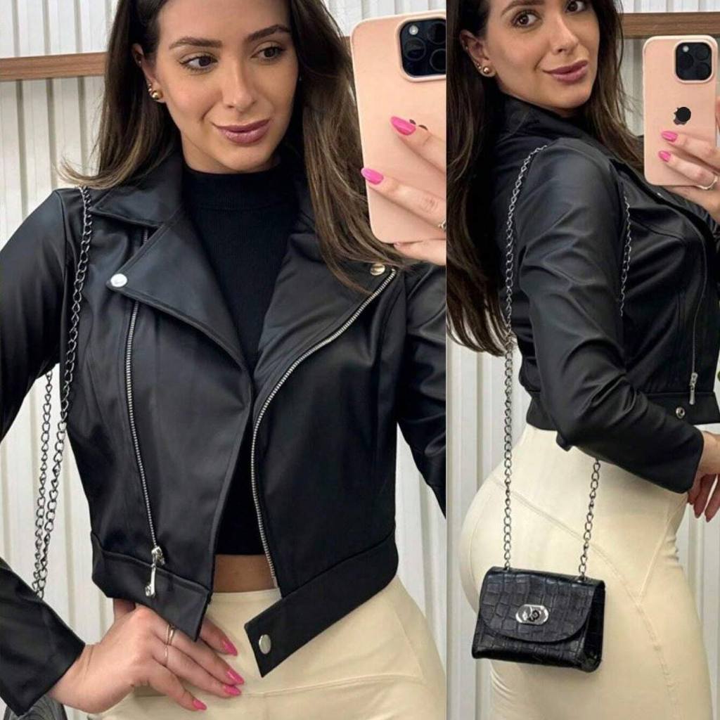 Jaqueta Feminina De Couro Com Ziper Inverno Elegante Envio Imediato