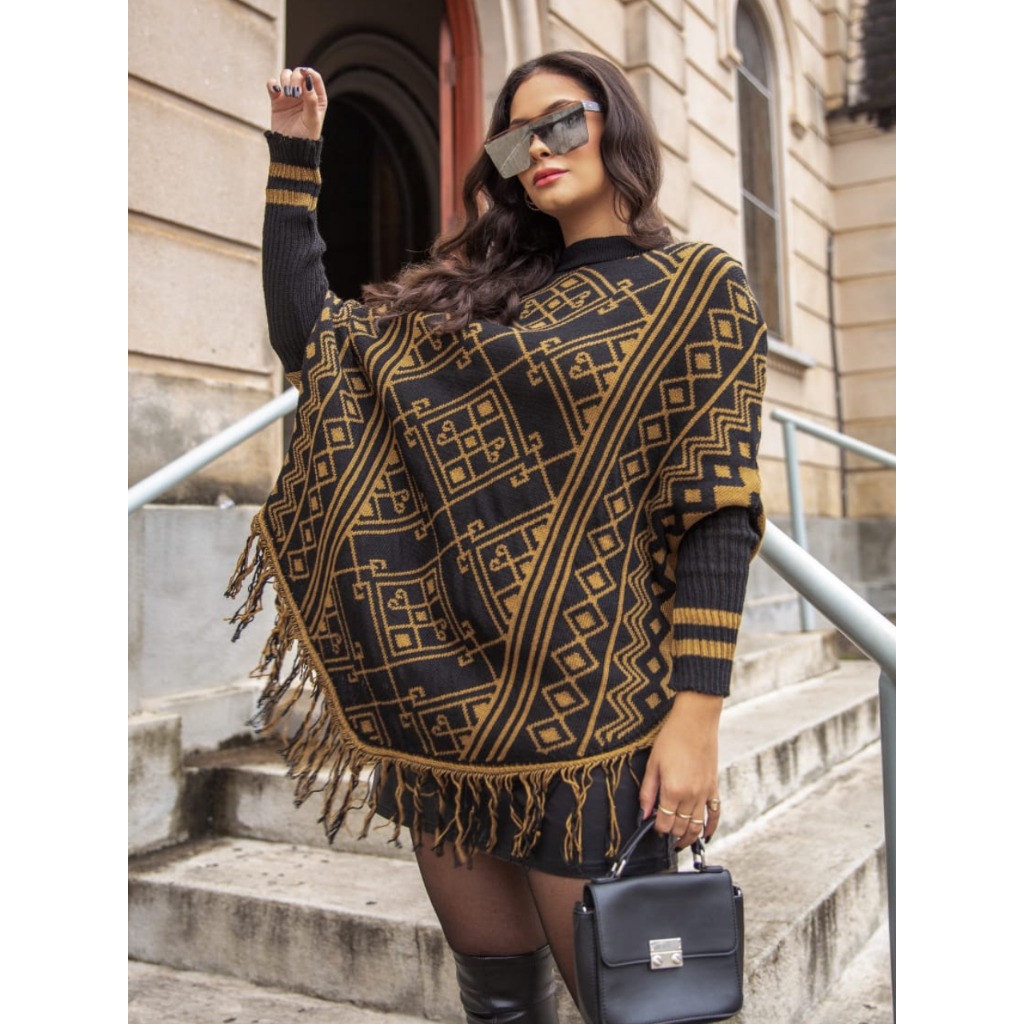 Blusa Poncho Feminino de Tricot de Lã Com Franja Manga Longa Grosso Inverno