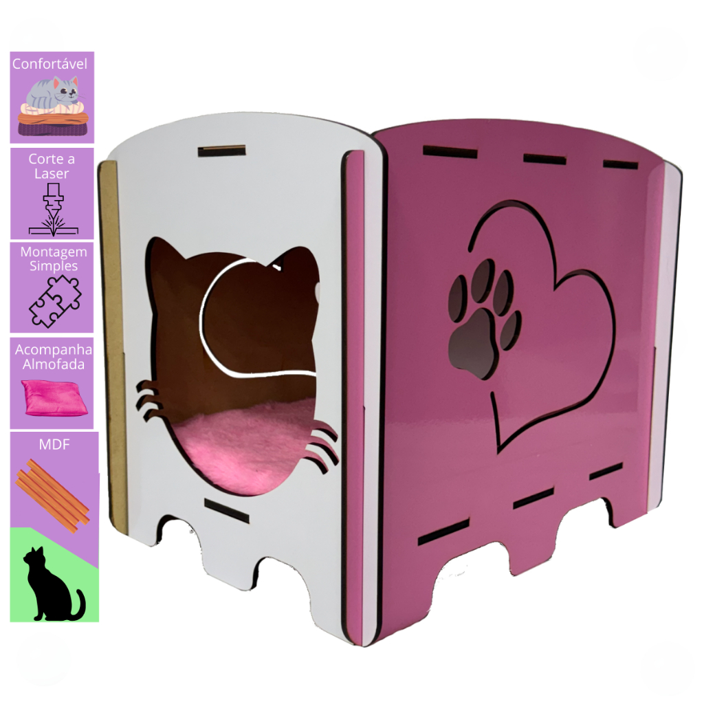 Casa Pet Cama Toca para Gatos Almofada Pelucia MDF Madeira Ventilada Esconderijo