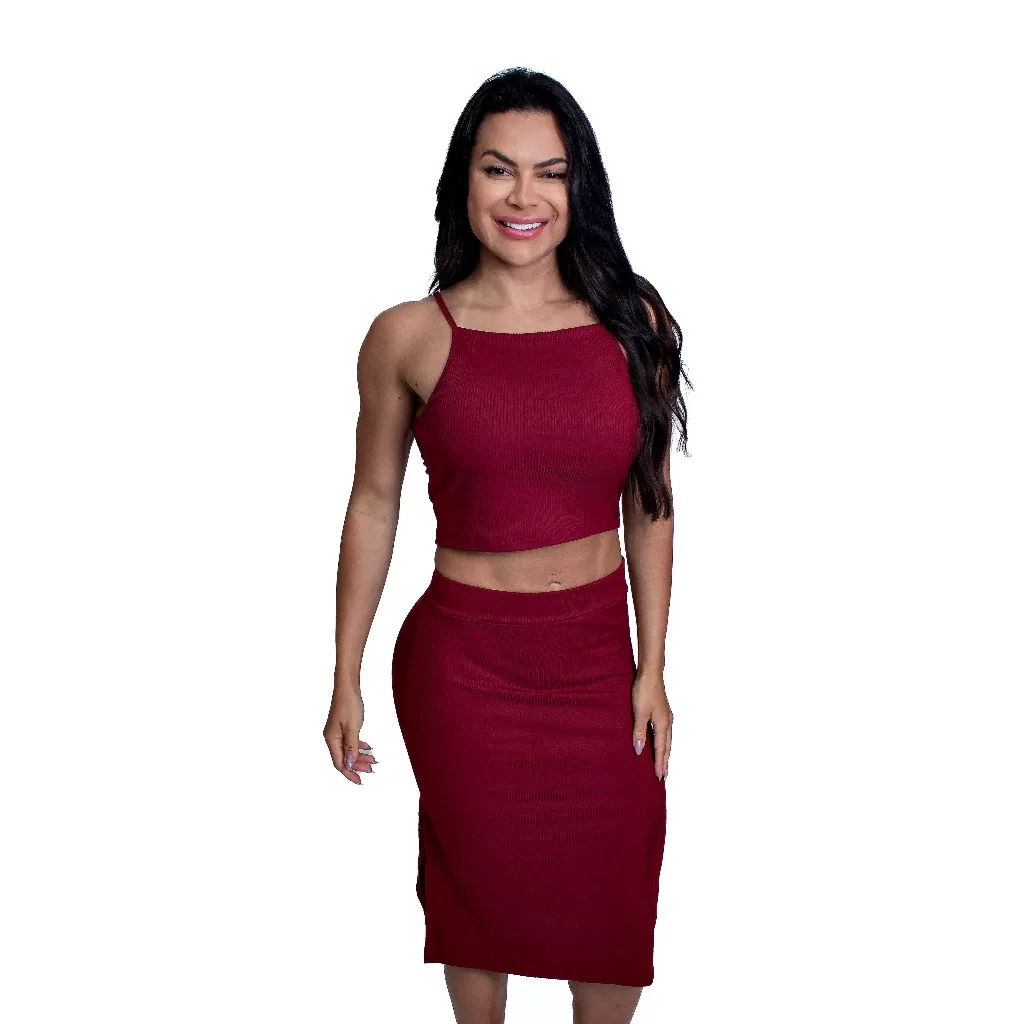 Conjunto de Saia e Cropped Mid com Fenda Lateral