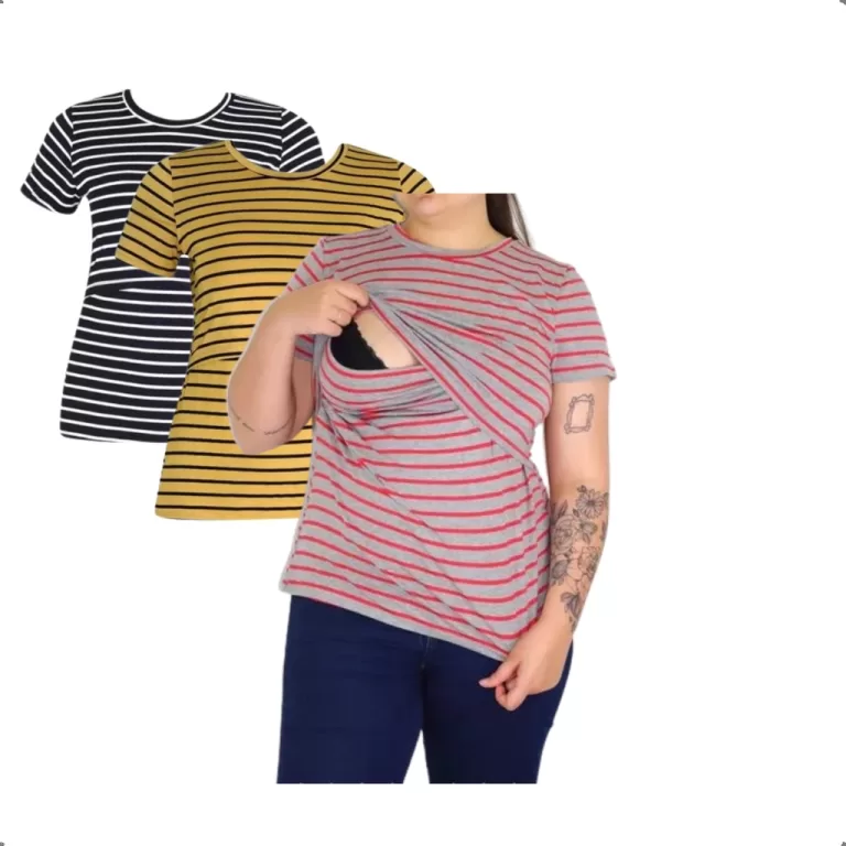 Kit 3 Blusas Amamentação Em Viscolycra Listrada 