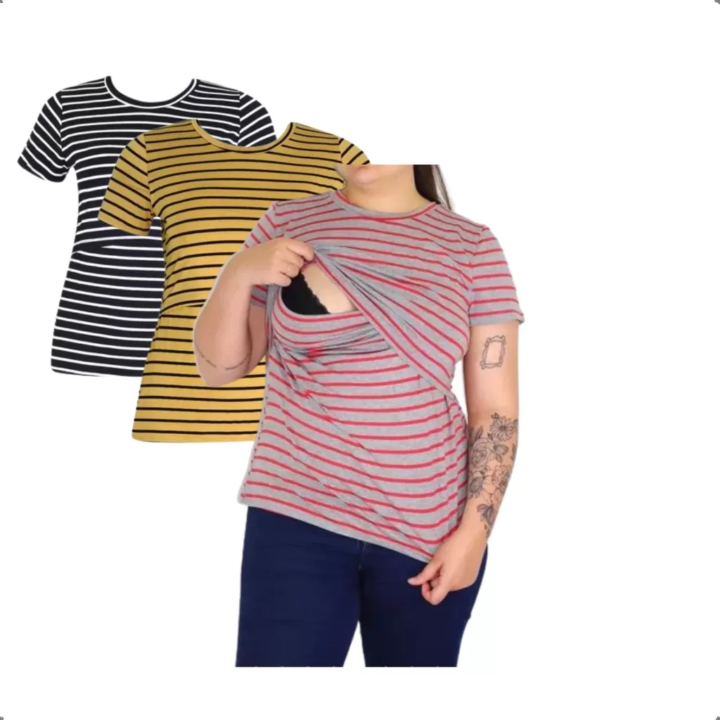 Kit 3 Blusas Amamentação Em Viscolycra Listrada Plus Size