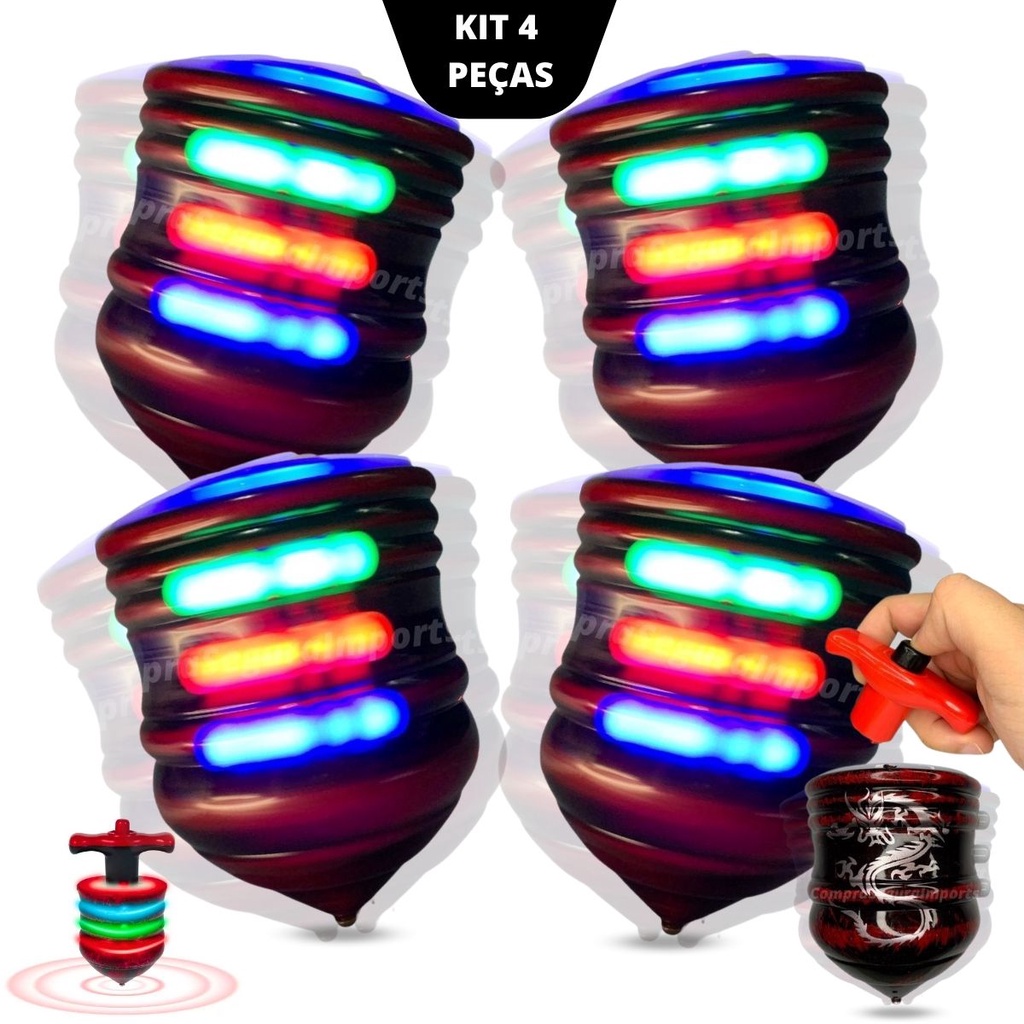 Pião Musical Kit 4 Piões Gira C/ Som E Luz Dragão De Combate