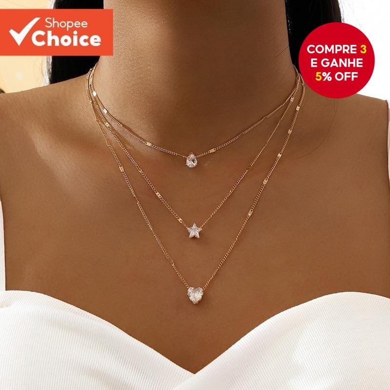 Colar Com Pingente Multicamadas , Gargantilha Vintage Estrela E Coração Para Mulheres