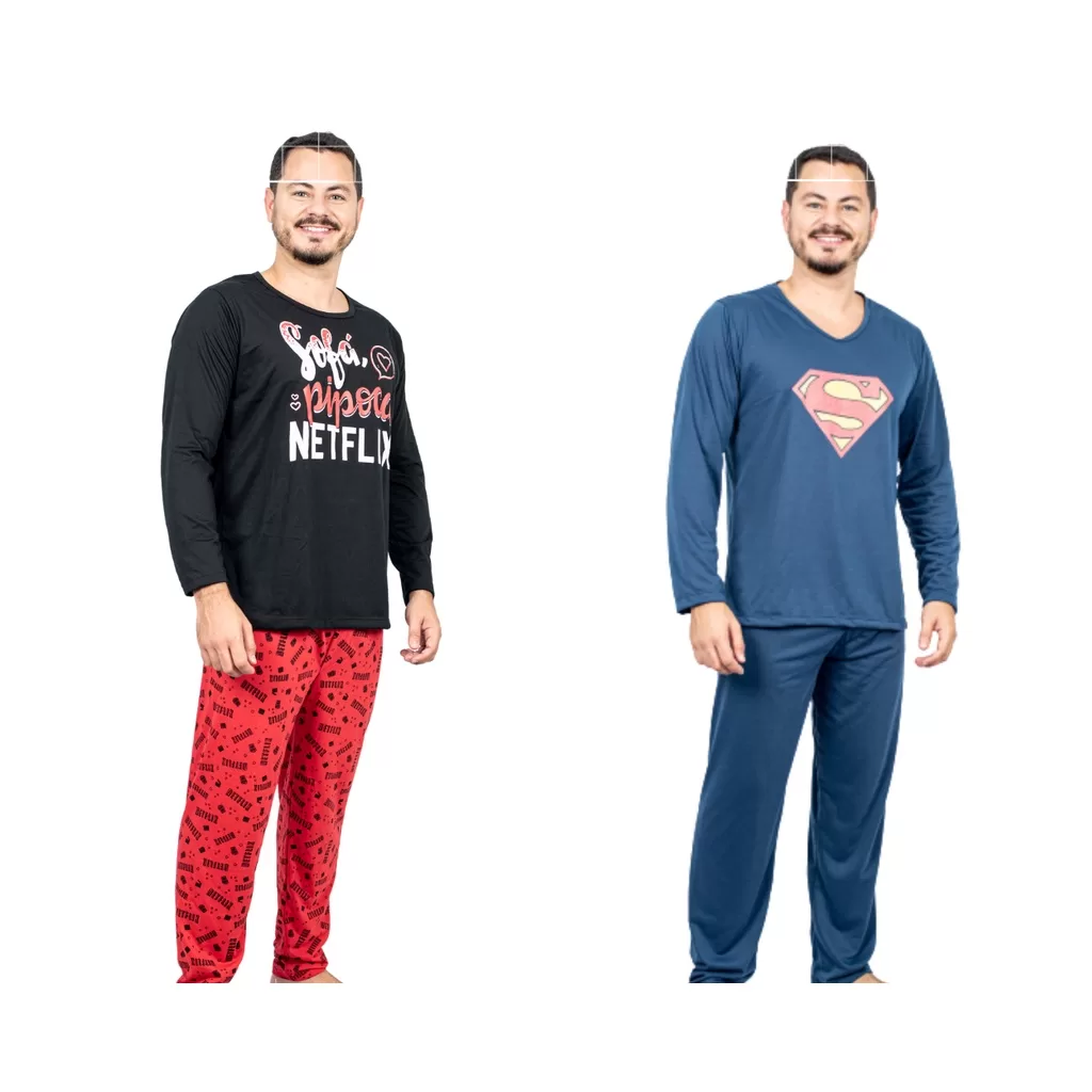 Pijama Masculino Adulto Longo Curto Meia Estação Estampado Super Heroi/ Roupa de Dormir Básico Mascu