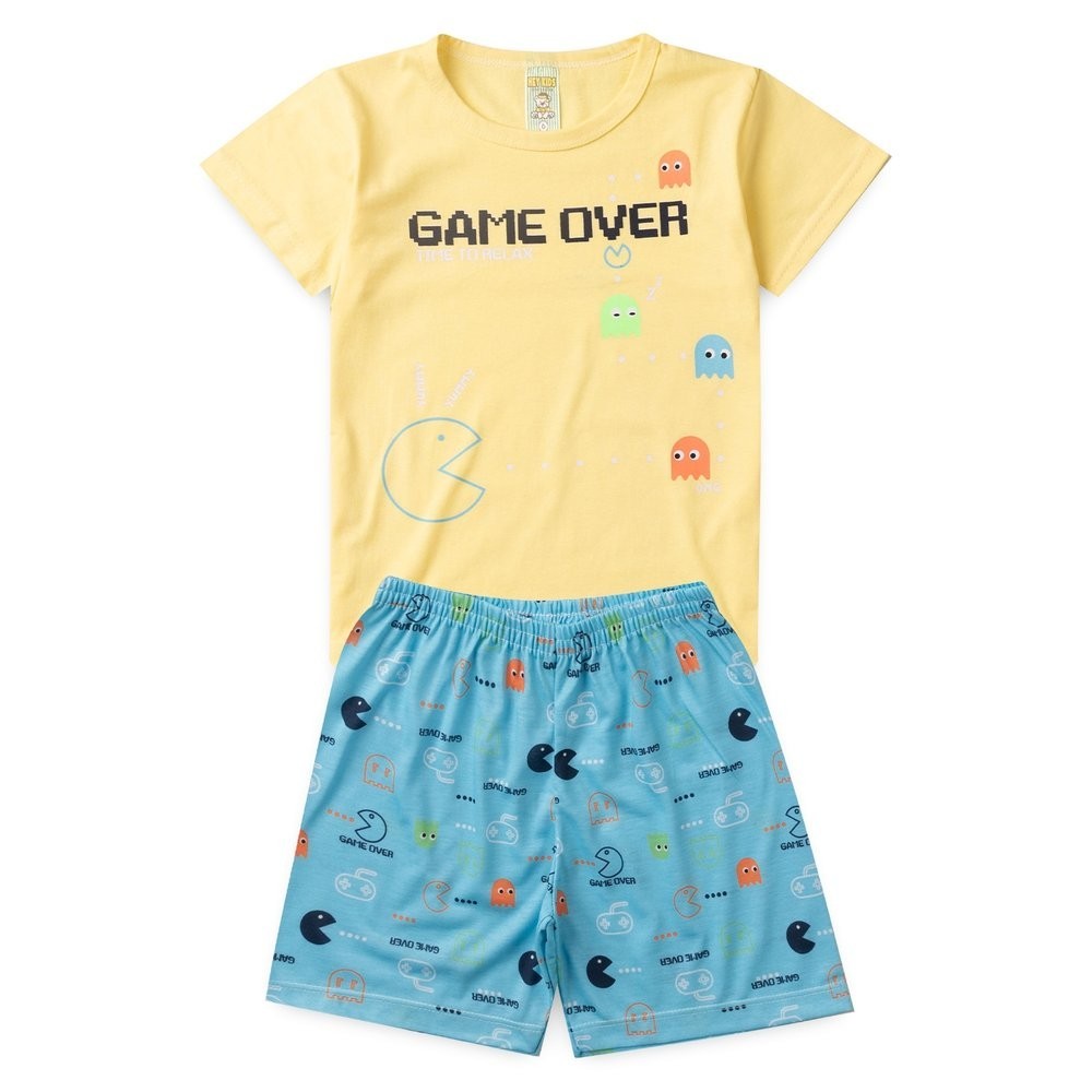 Pijama Infantil Menino Verão Divertido com a Estampa Game Over Amarelo