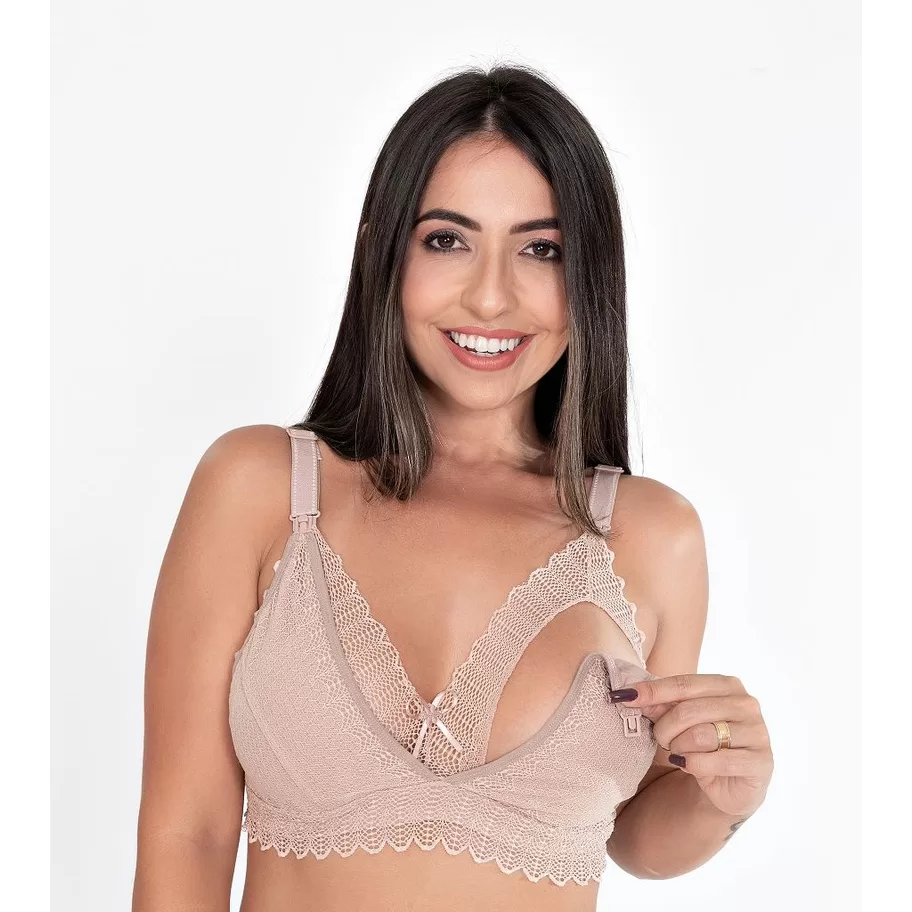 Kit 3 Sutiã Gestante Feminino Grávida Amamentação Detalhe Renda Abre Fácil 100% Algodão Confortavél
