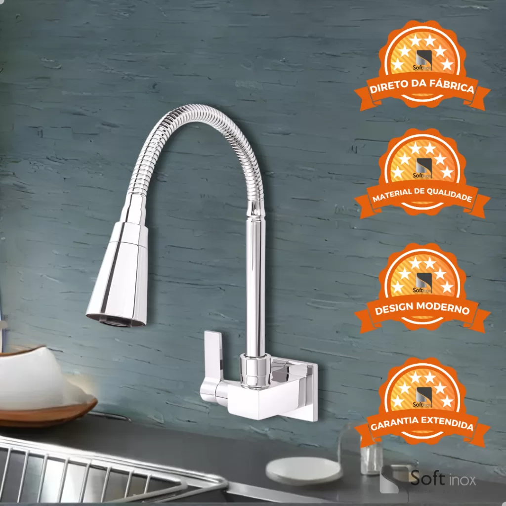 Torneira Gourmet Flexível Quadrada Cone 100% Metal Inox Parede Cozinha Cromada