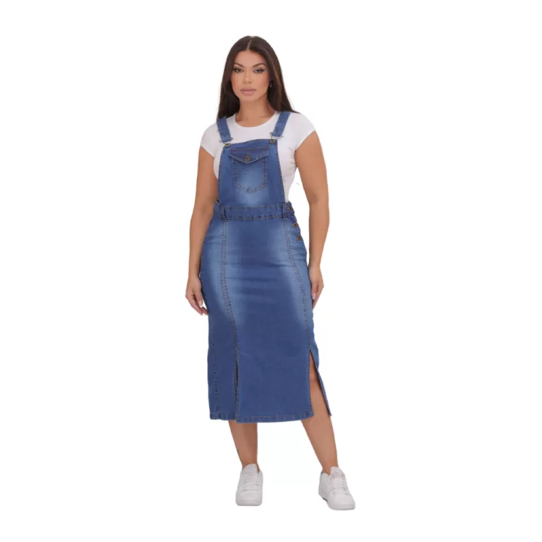 Jardineira Jeans Longa Saia Feminina Moda Evangél