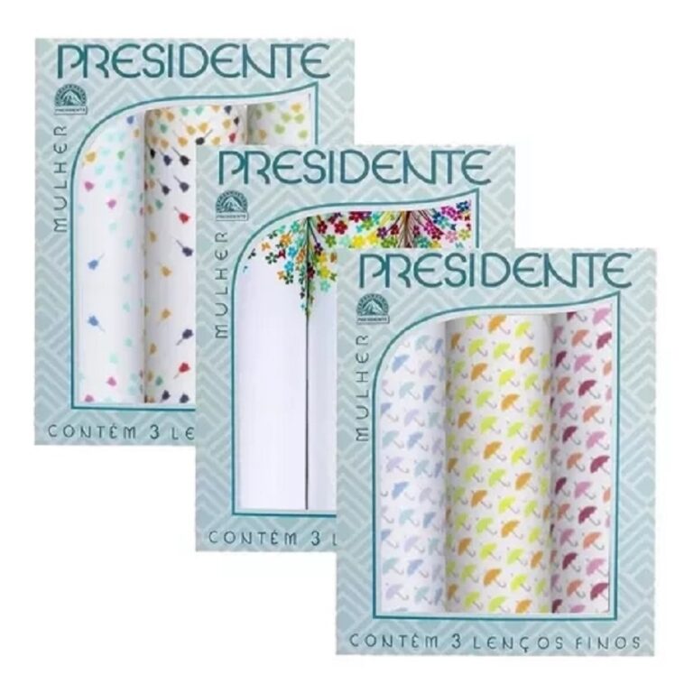 3 Lenços De Bolso Feminino Bordado Presidente Cor