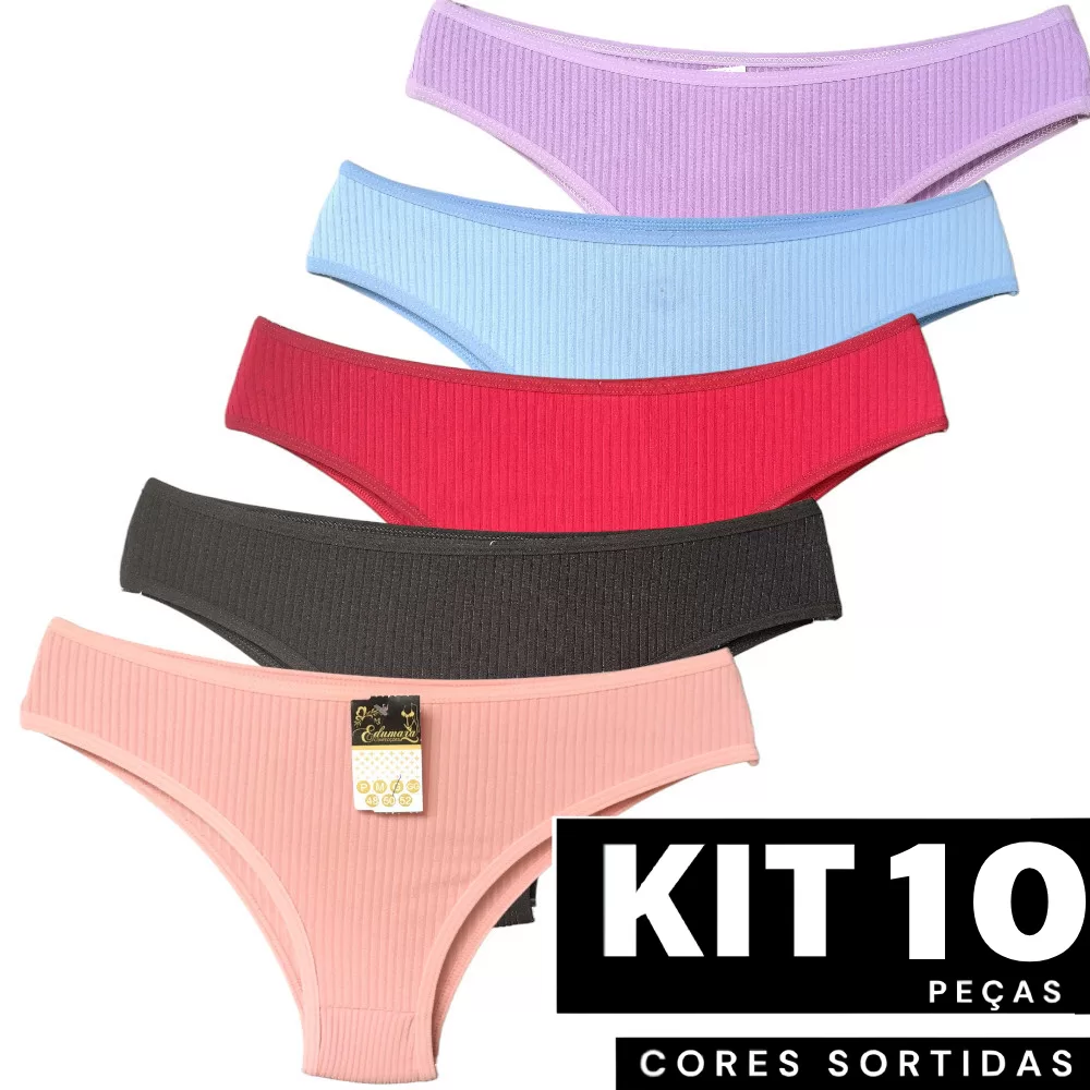 Kit 1 à 10 Calcinha Básica Canelada com Forro em Algodão Confortável para o Dia a Dia Não Marca