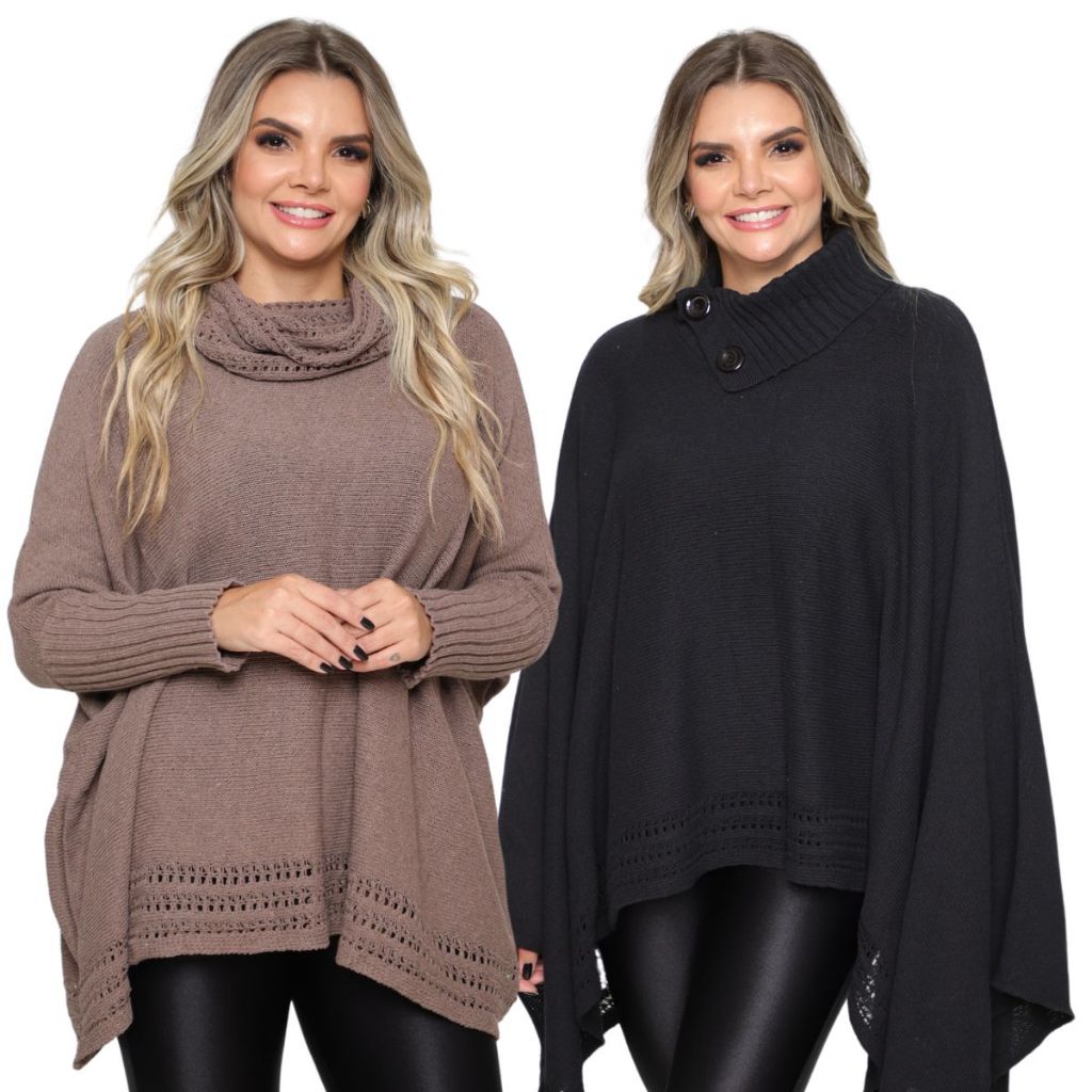 Kit 2 Poncho Feminino Tricô Gola Alta Casaco Lã Mousse Liso Boho