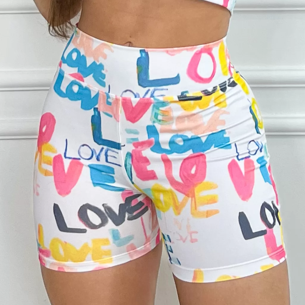 Short Feminino Meia Coxa Cintura Alta Suplex Esportivo Academia Fitness Estampada Love
