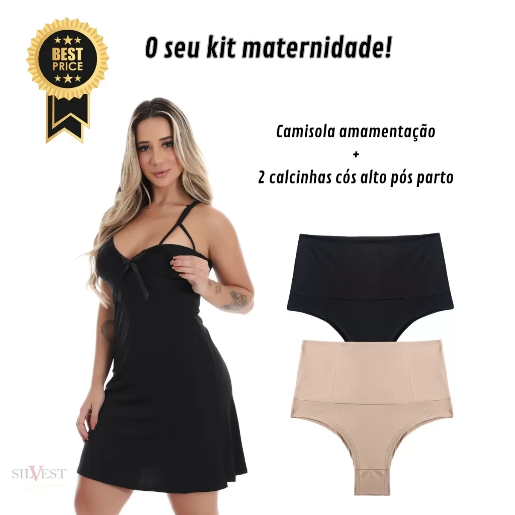 KIT GRÁVIDAS E GESTANTES – CAMISOLA DE AMAMENTAÇAO + 2 CALCINHAS ALTA PÓS PARTO