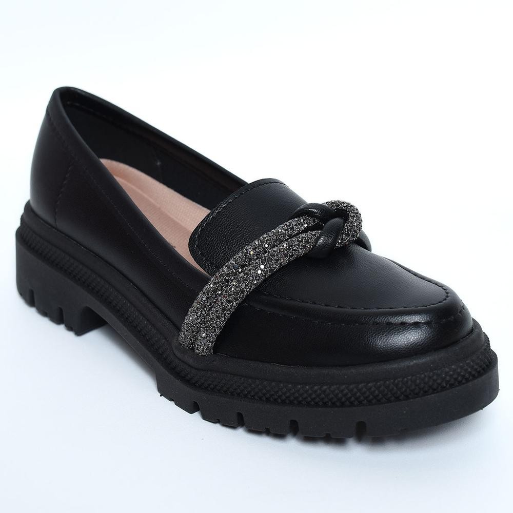 Mocassim Moleca Tira Strass Tratorado Feminino – Preto