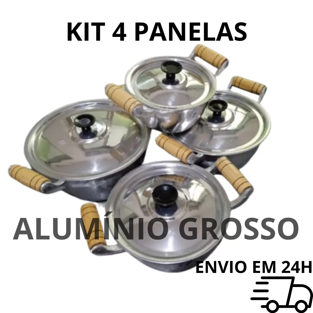 KIT Jogo de 4 Panelas Caçarolas de Alumínio Grosso Batido Fundido Tamanho 14,16,18 e 20 com Tampas