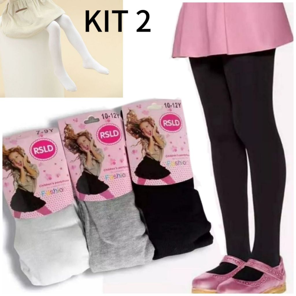 Kit com 2 Meia calça infantil Frio Inverno Para Bebê Menina cor Branca/Preto