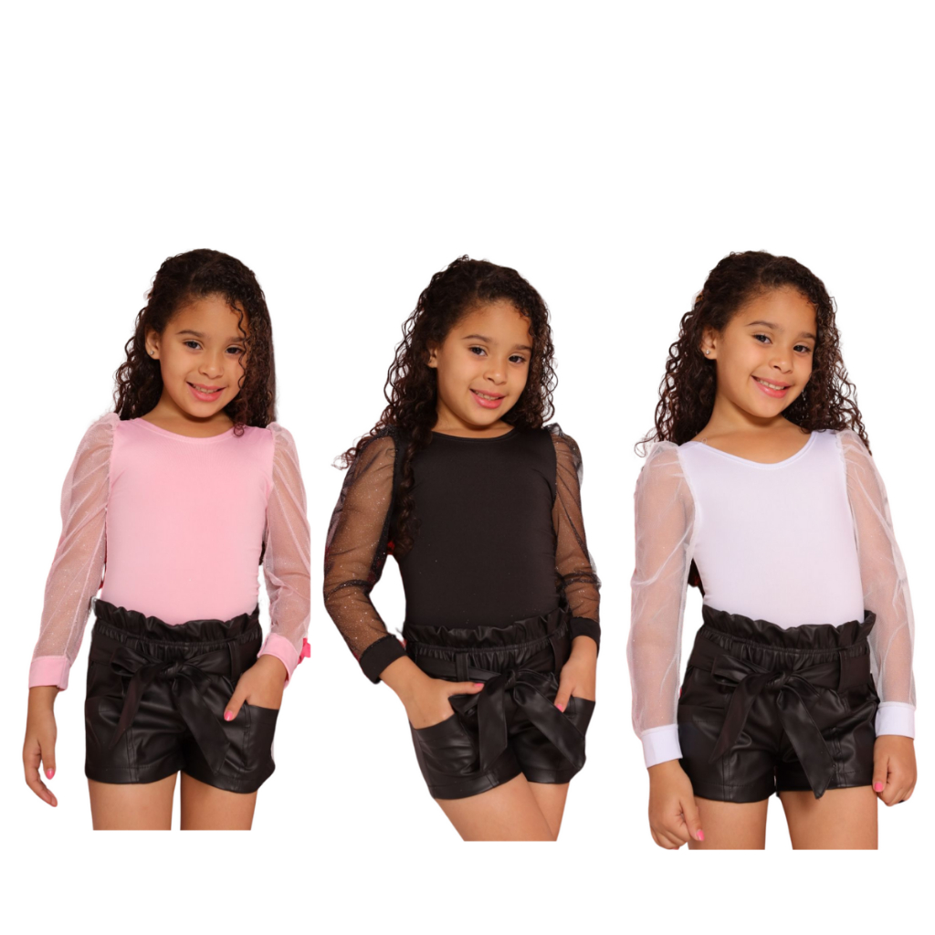Kit 3 Bodys Infantil Manga Longa Tule Com Brilho Moda Menina Outono Inverno