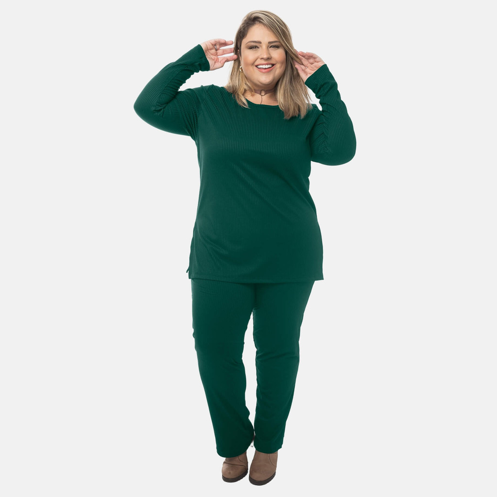 Conjunto Calça e Blusa Feminina Plus Size de Manga Longa Cintura Alta Frio 1208-1210-C2
