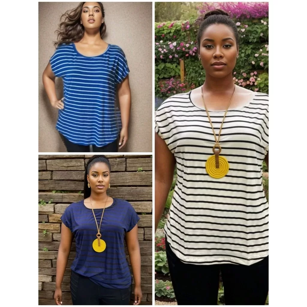 KIT 3 MANGA CURTA LISTRADAS – G1 AO G5 – PLUS SIZE – MALHA FRESQUINHA – MODA TENDÊNCIA