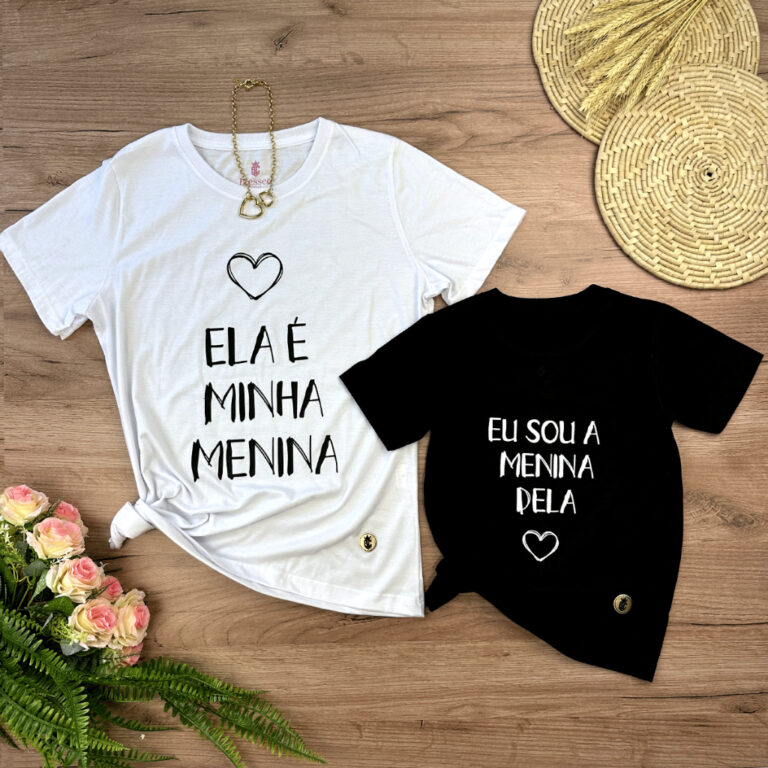 Kit Conjunto Camiseta Preta T-Shirt Mãe e Filha A