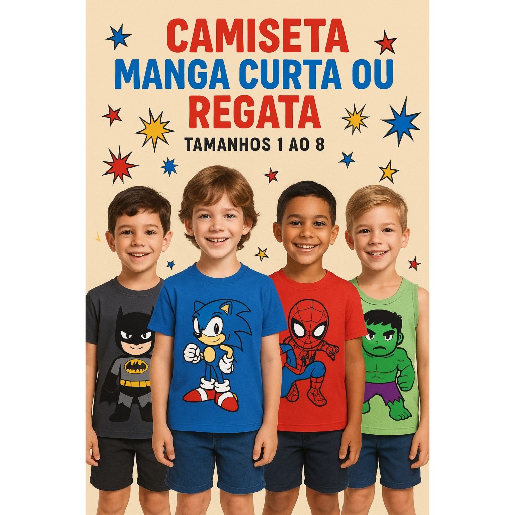KIT  5 Camisetas e Regatas Personagem e Heróis Infantil MENINO Infantil – Sortidas – Tamanho 1 ao 8