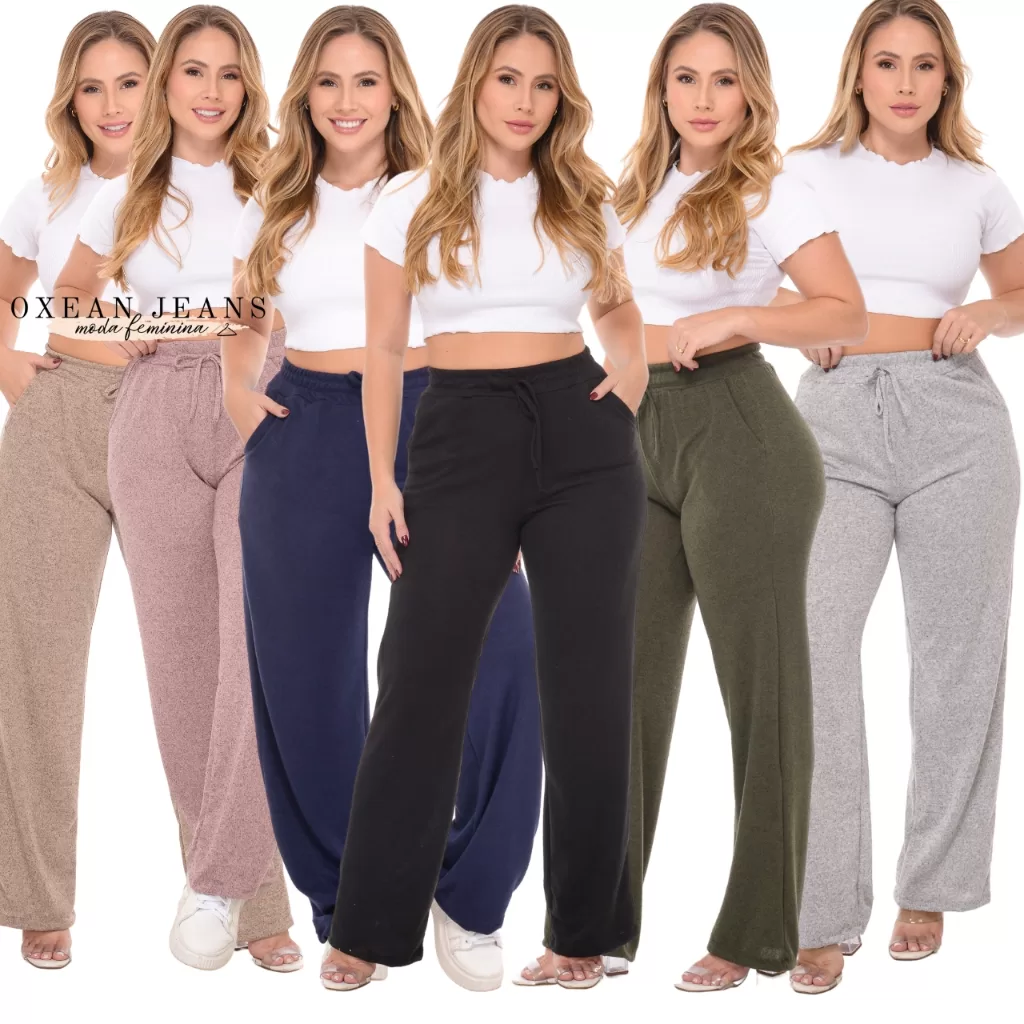 Calça Pantalona Feminina Cintura Alta Com Bolso Tecido Lanzinha