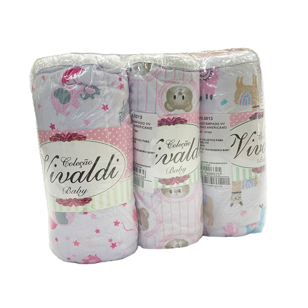 Kit Atacado 3 Jogo Berço Americano 100% Algodão  Lençol Liso + Fronhas Estampadas 70×130