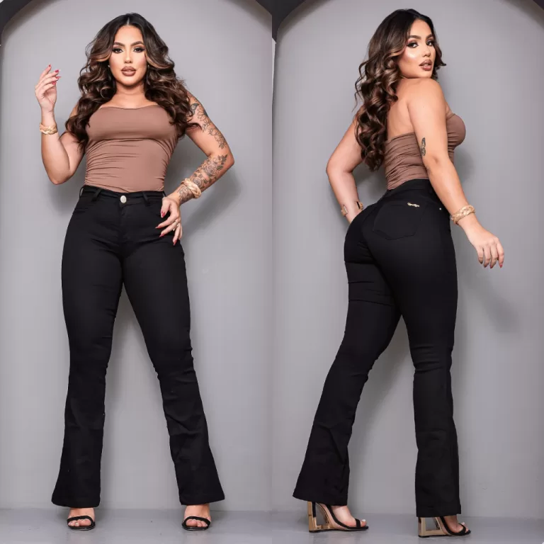 Calça Flare Jeans Preta Feminina Elastano Cintura