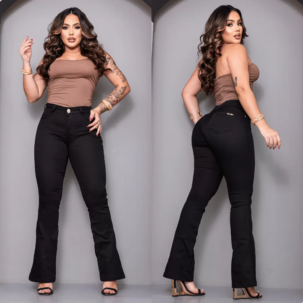 Calça Flare Jeans Preta Feminina Elastano Cintura Alta Modela Corpo Boca Sino Casual Social 36 ao 46