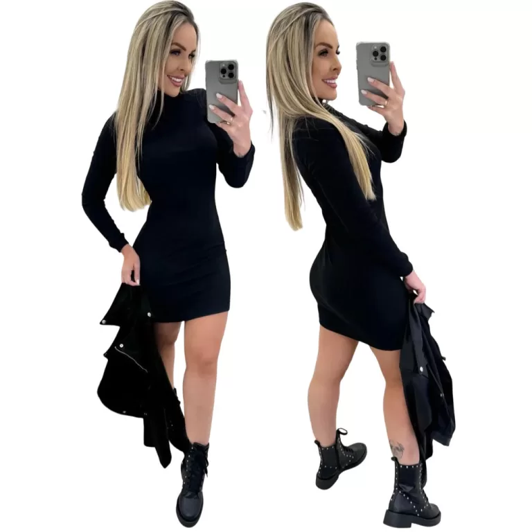 Vestido Curto Ribana Manga Longa gola Alta