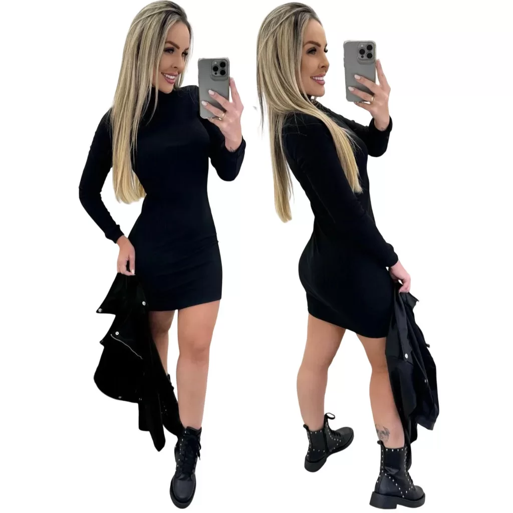 Vestido Curto Ribana Manga Longa gola Alta