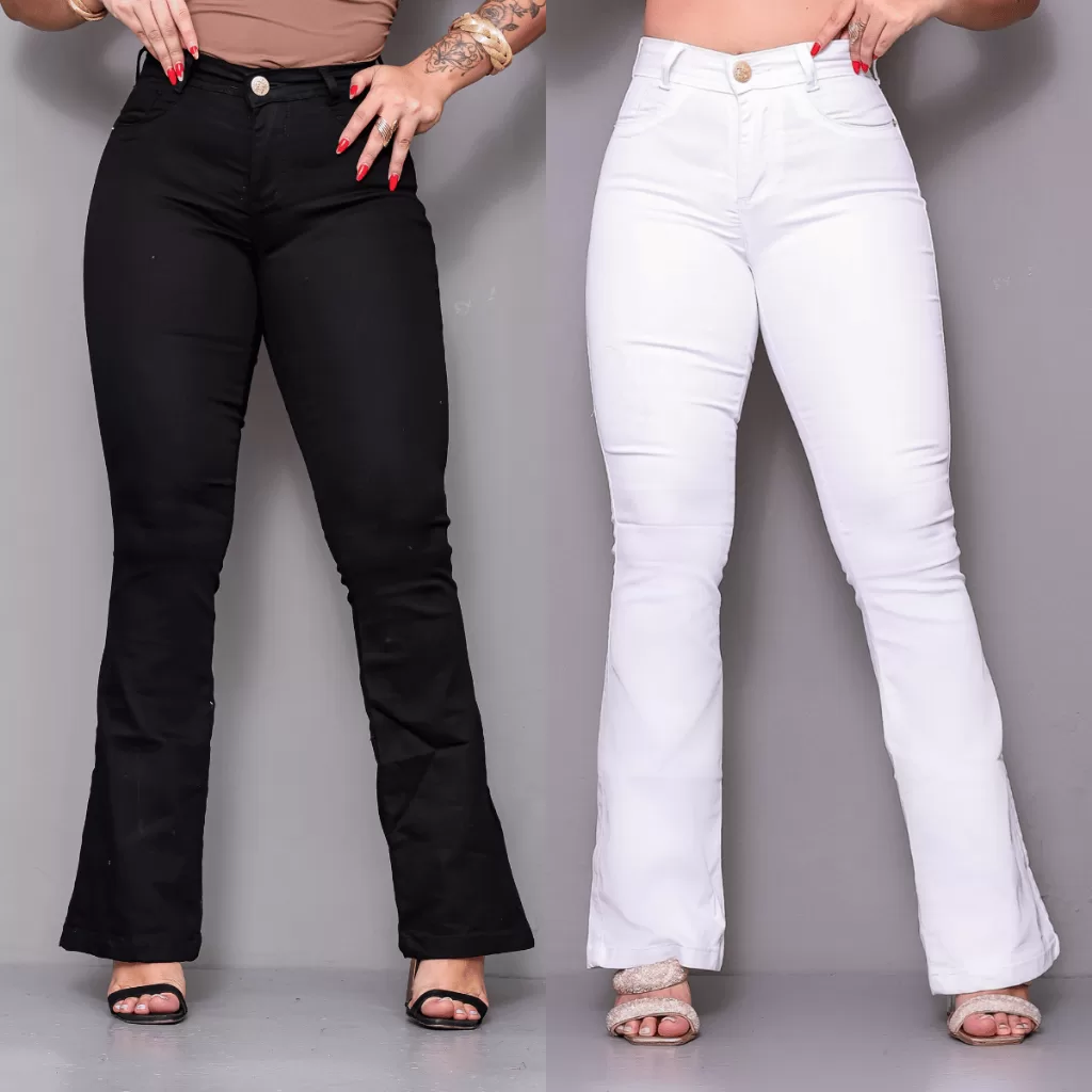Kit 2 Calças Jeans Flare Femininas Preta Branca Lycra Cintura Alta Modela Corpo Casual Social