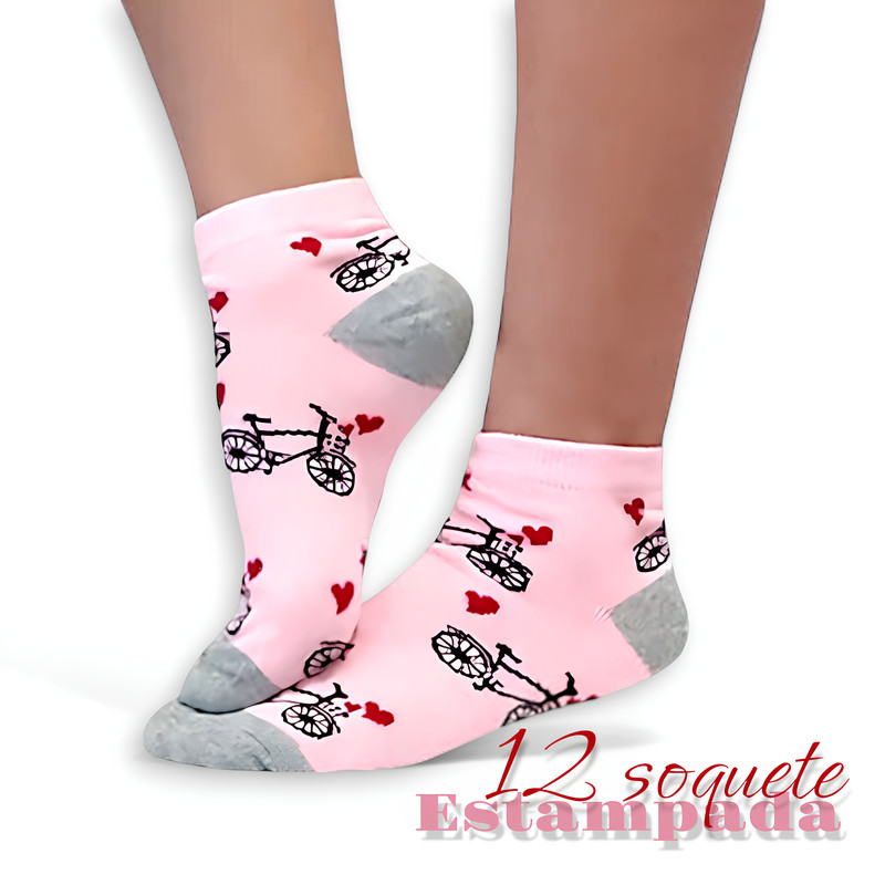 Kit 12 Meias Cano CurtoFeminina35-40 Estampada Meia Básica
