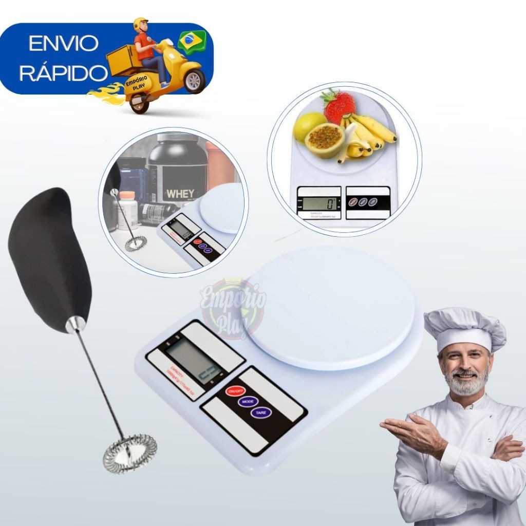 Kit Whey Balança Digital Cozinha Mixer Misturador Bebida Dieta Shake Suplementos Vitamina