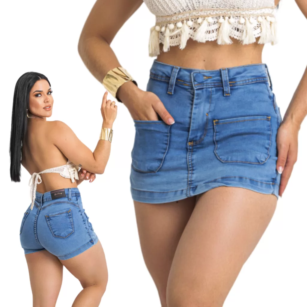 Short Saia Jeans Feminina Cargo Cintura Alta Levanta Bumbum Original