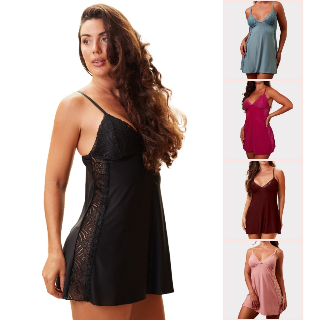 Camisola Confortável Detalhes em Renda Alça Regulável de Metal Pijama Vestido de Dormir Sem Bojo