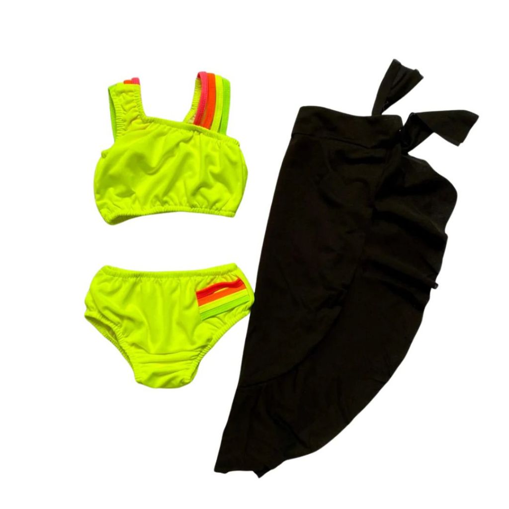 Conjunto Infantil Saída de Praia + Biquíni Listras Neon  Estilo e Diversão para o Verão