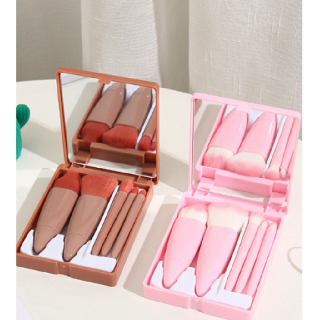 Kit Conjunto Viagem Trabalho Festa Make Maquiagem 5 Pincéis com Espelho e Estojo