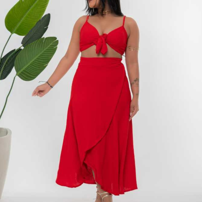 Conjunto Feminino Saia Envelope e Cropped Duna Cor