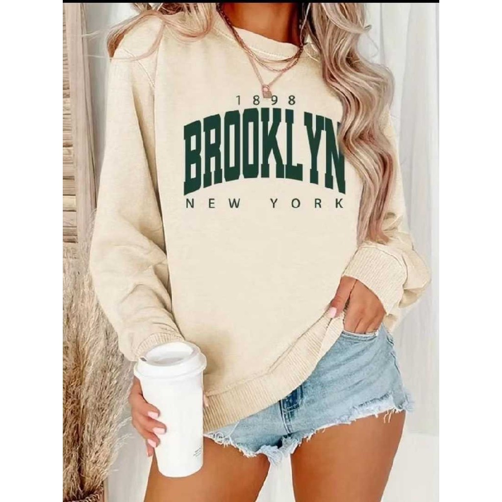 Moletom De Frio Estilo De Rua Gola Careca Estampada Brooklyn Feminina Gola Redonda