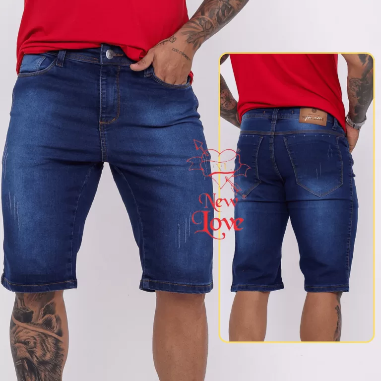 Bermuda Jeans Masculina Azul Puída Básica Dia a 