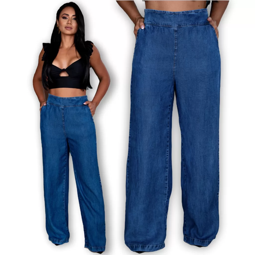 Calça Jeans Feminina para trabalhar Escura Tecido 100% Liocel Tencel Cós Alto com Elástico e Bolso