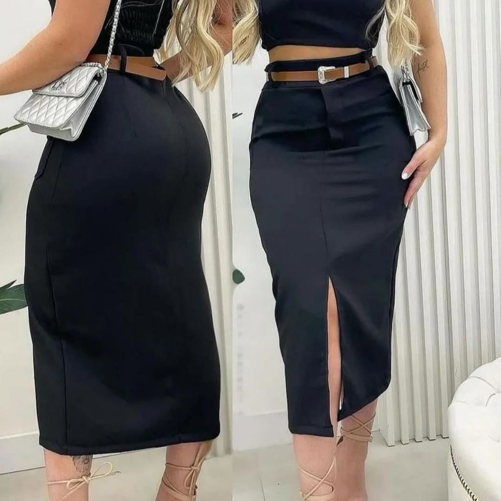 Saia Midi de Alfaiataria Com Cinto Moda feminina Elegante Tecido premium