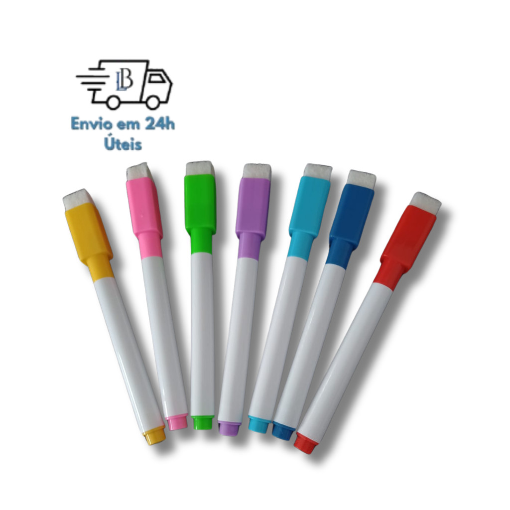 7 Canetas Para Quadro Branco Com Tinta Preta e Tampas Coloridas – Apagador Integrado